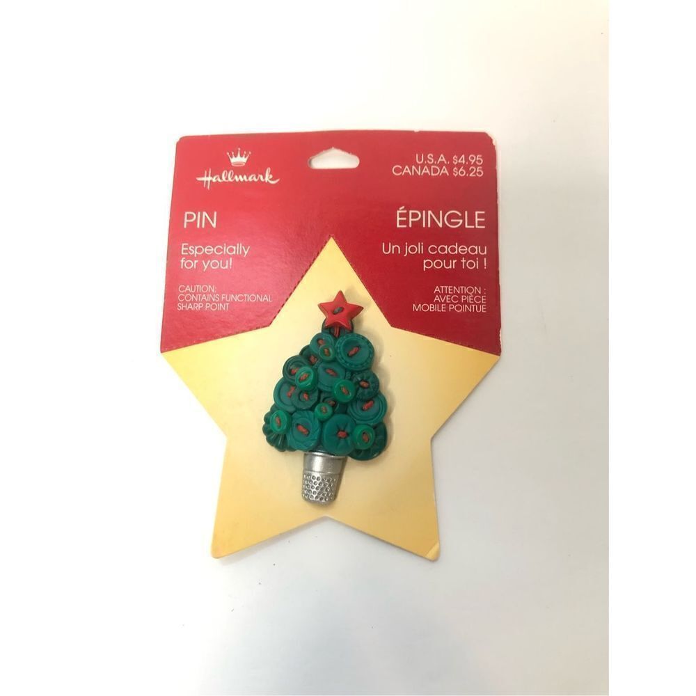 Vintage Hallmark Christmas Tree Button Thimble‎ Pin Green Red Holiday Brooch
